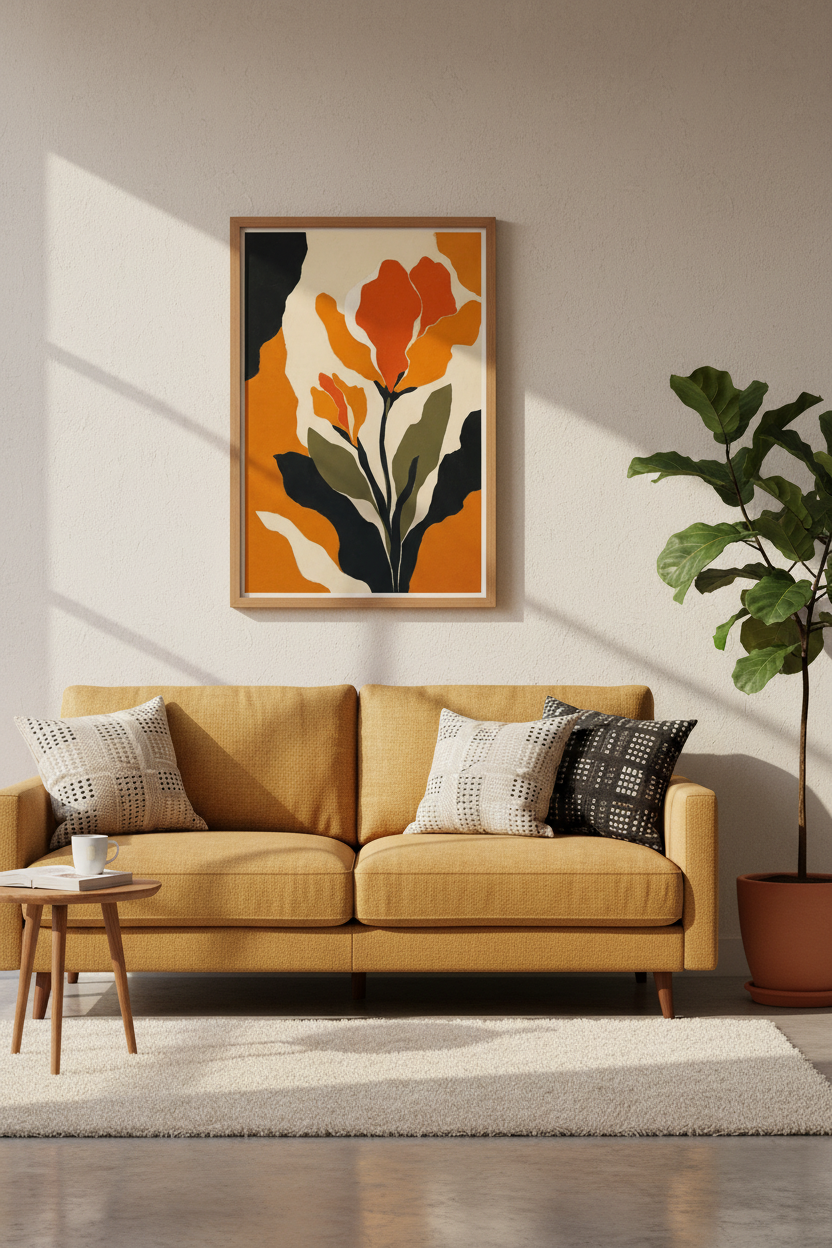 Abstract Floral Art | Burnt Orange Mid Century Modern Poster, Botanical Room Decor