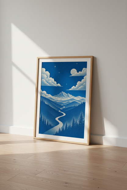 Blue Mountain Night Sky Art Print | Nature Landscape Poster, Modern Minimalist Decor