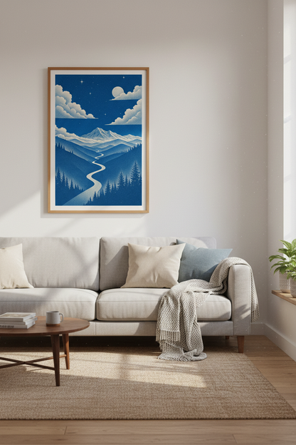 Blue Mountain Night Sky Art Print | Nature Landscape Poster, Modern Minimalist Decor