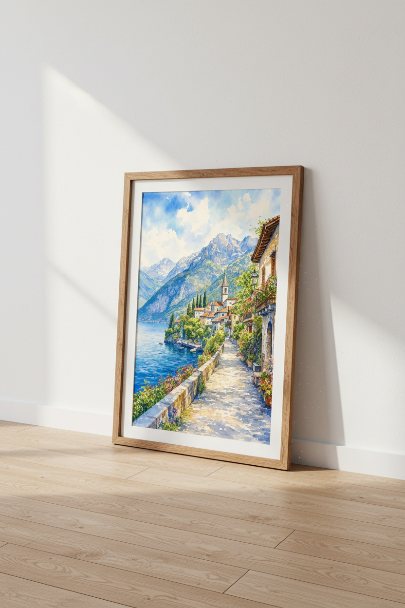 Lake Como Watercolor Art | Italian Village Landscape, Mediterranean Blue Coastal Decor