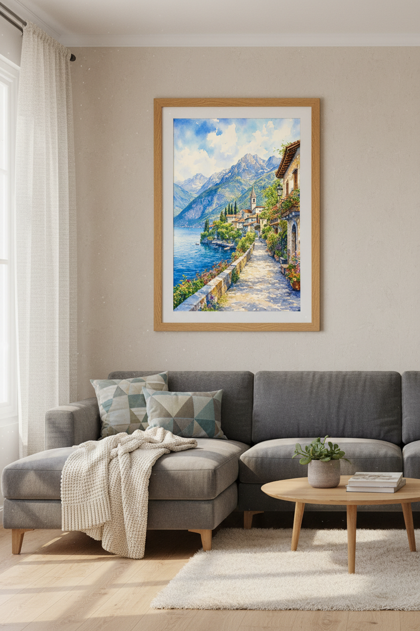 Lake Como Watercolor Art | Italian Village Landscape, Mediterranean Blue Coastal Decor