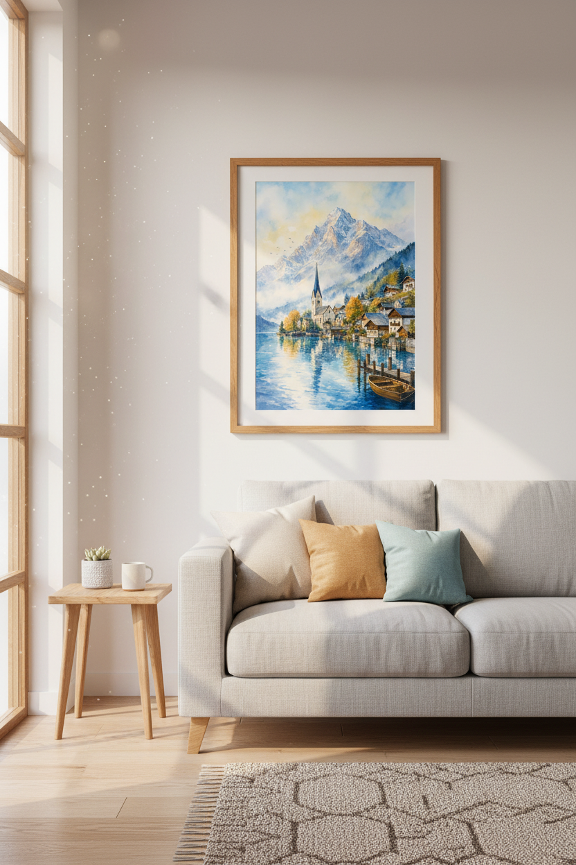 Alpine Lake Village | Watercolor Mountain Landscape, Hallstatt Home Decor