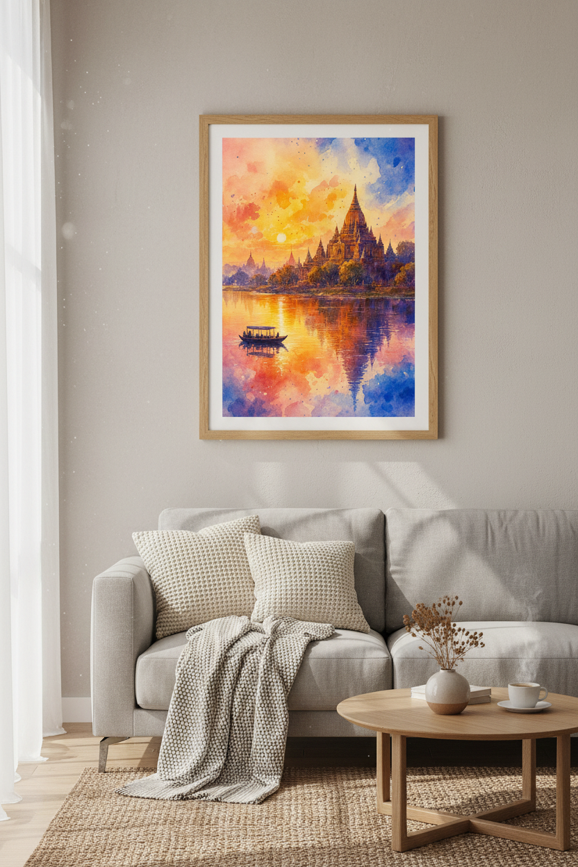 Bagan Temple Sunset Watercolor Print | Vibrant Landscape Wall Art, Zen Living Room Decor