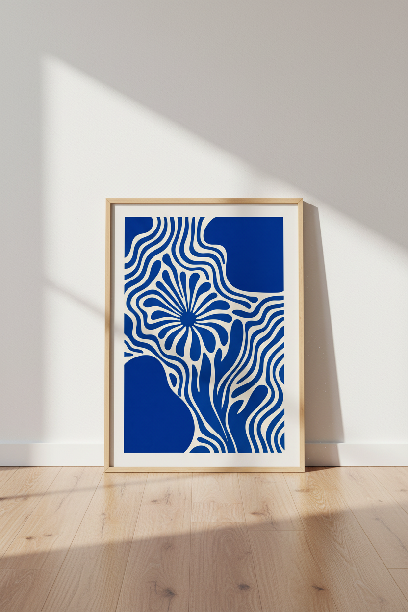 Abstract Blue Floral Wall Art | Wavy Retro Poster, Modern Living Room Decor