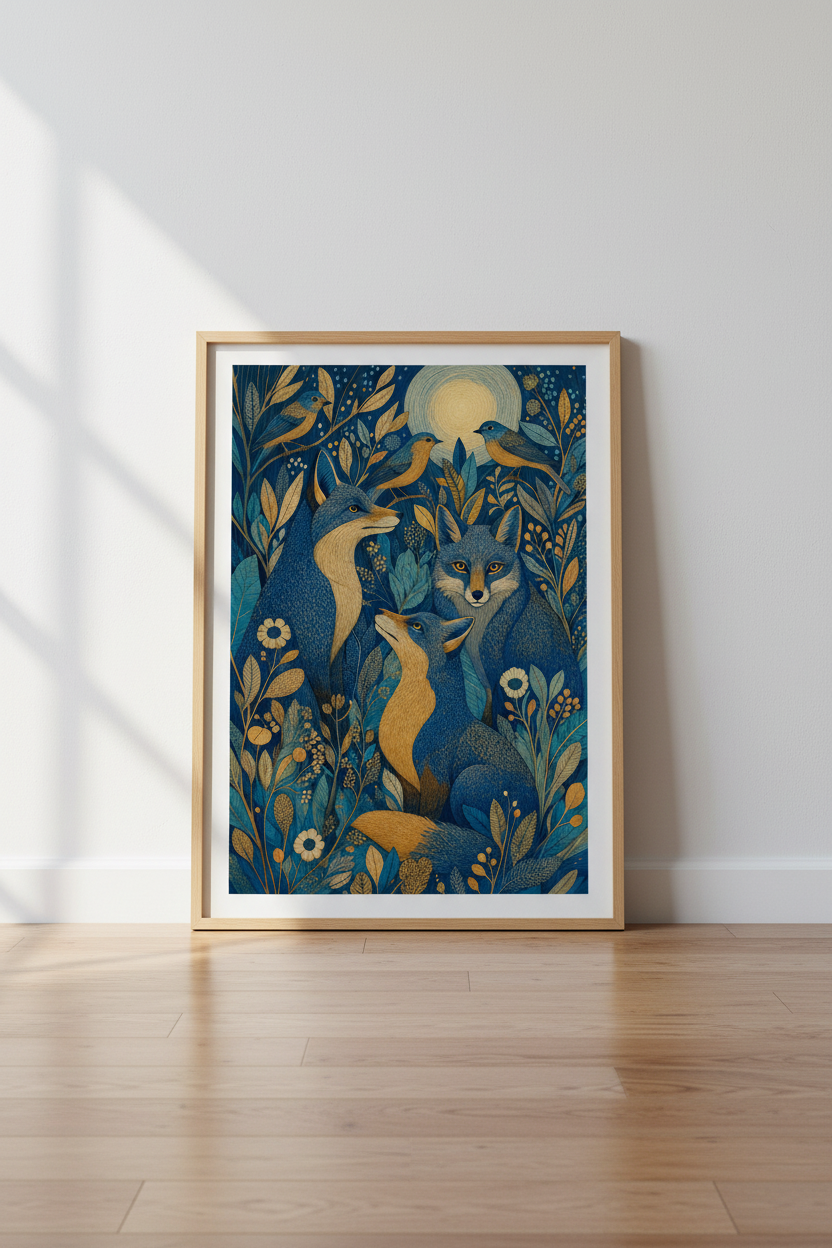 Fox &amp; Birds Under Moon Art Print | Botanical Navy Gold Decor | Whimsical Nature Poster