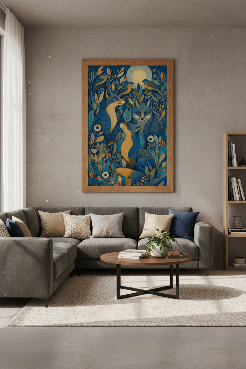 Fox &amp; Birds Under Moon Art Print | Botanical Navy Gold Decor | Whimsical Nature Poster