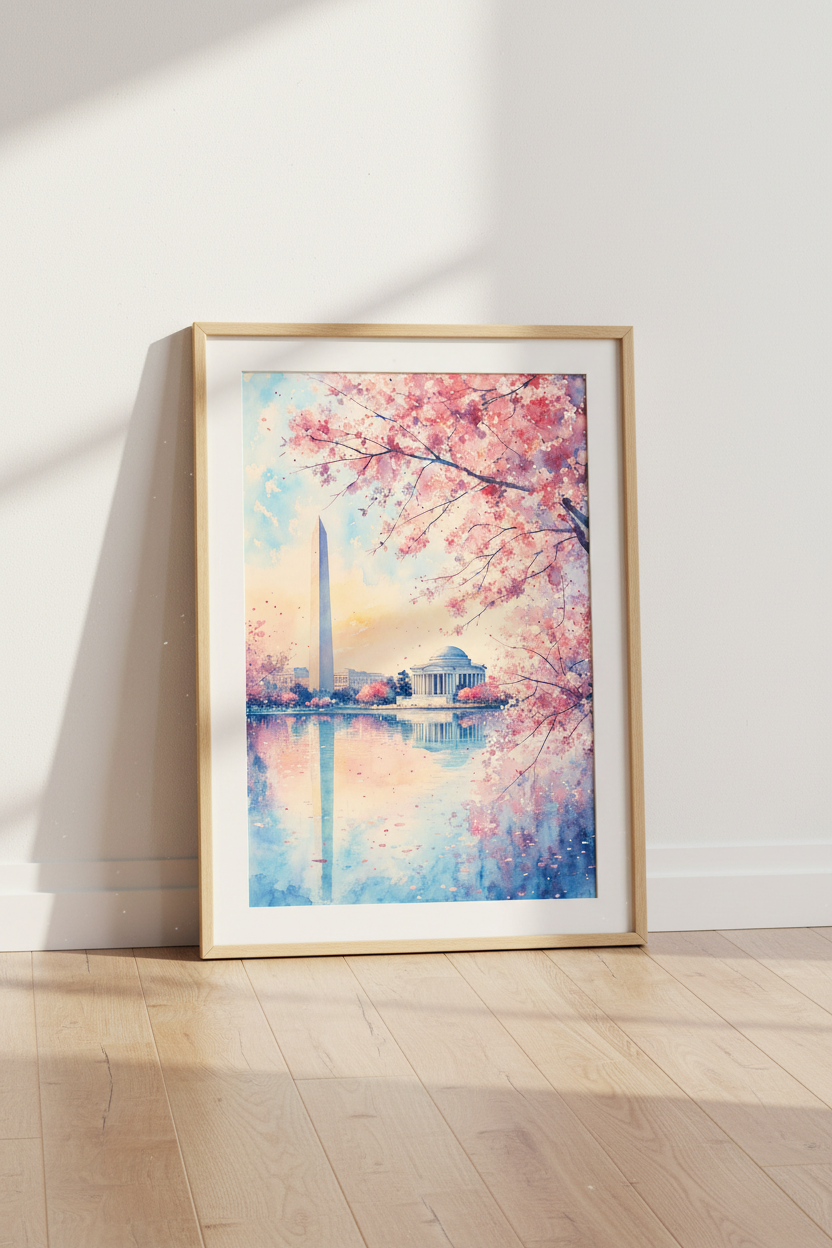 Cherry Blossom Washington DC Poster | Watercolor Landscape | Pastel Spring Decor
