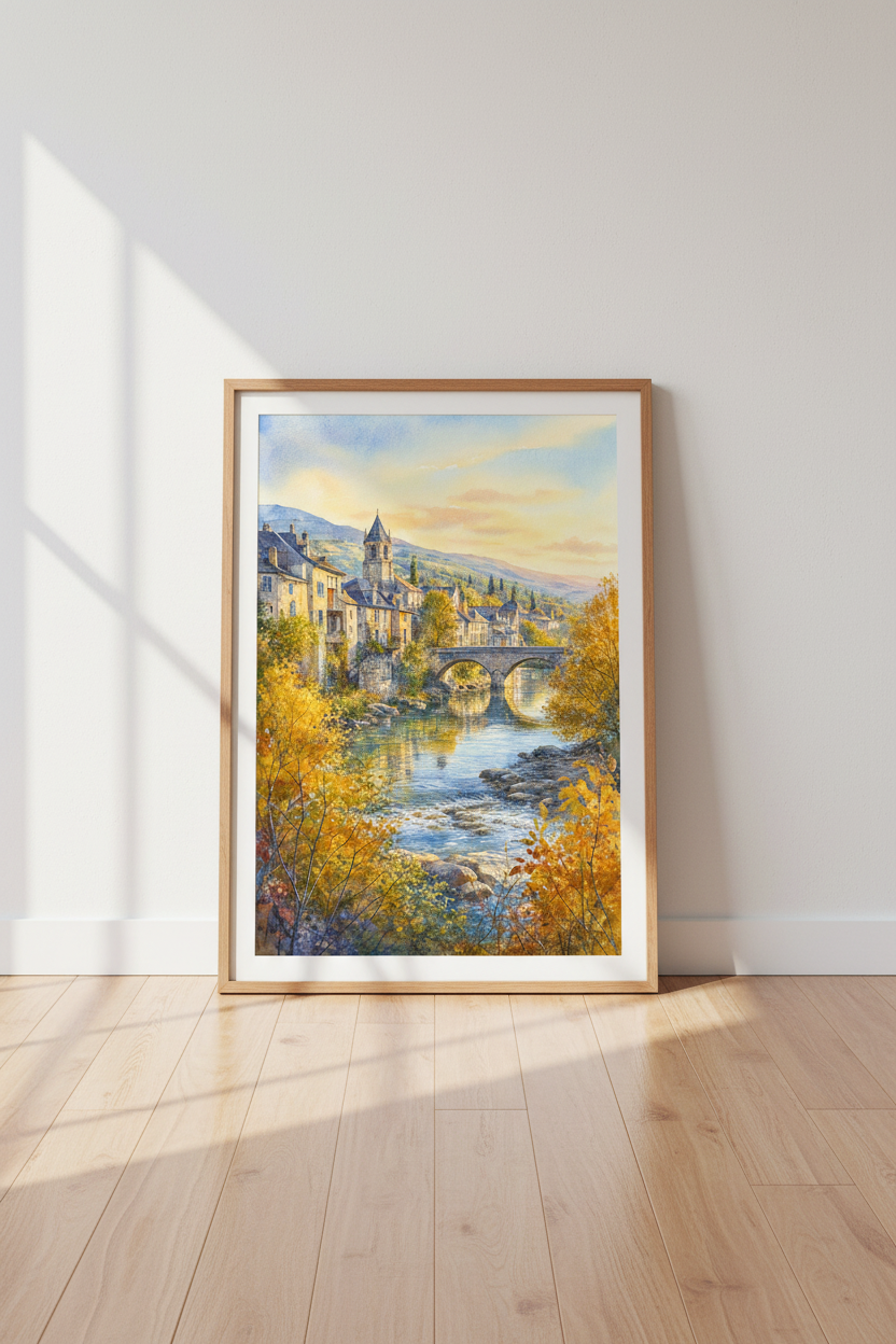 French Village Watercolor Art | Autumn Landscape Print, European Countryside Decor