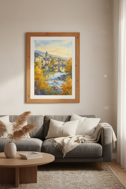 French Village Watercolor Art | Autumn Landscape Print, European Countryside Decor