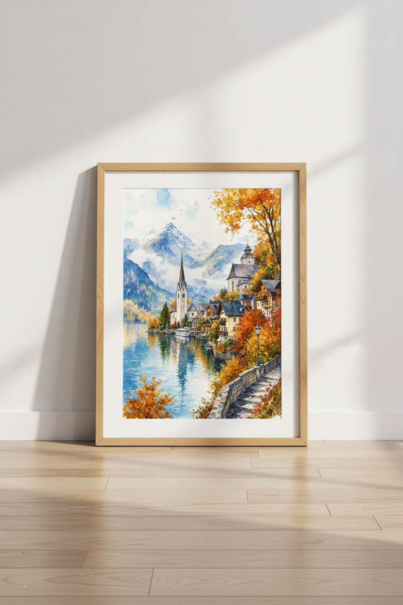 Hallstatt Watercolor Landscape Wall Art | Autumn Alps Nature Print | Living Room Decor