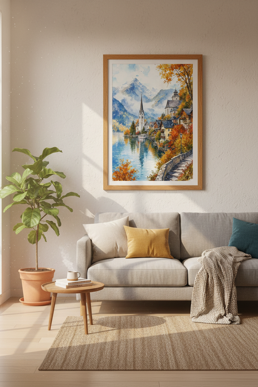 Hallstatt Watercolor Landscape Wall Art | Autumn Alps Nature Print | Living Room Decor