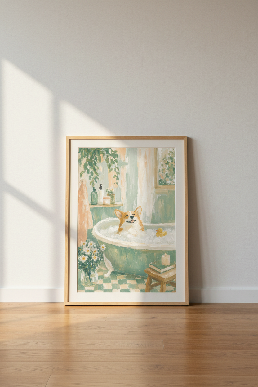 Happy Corgi in Bathtub Wall Art | Sage Green Bathroom Decor | Cute Animal Poster