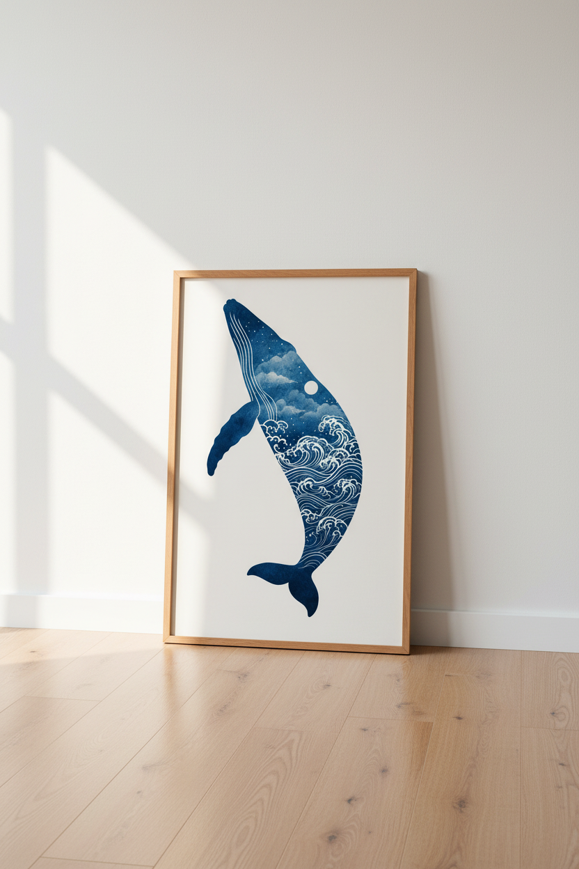Blue Whale Wave Wall Art Print | Japanese Style Ocean Decor | Minimalist Poster
