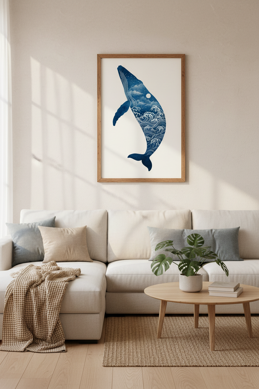 Blue Whale Wave Wall Art Print | Japanese Style Ocean Decor | Minimalist Poster