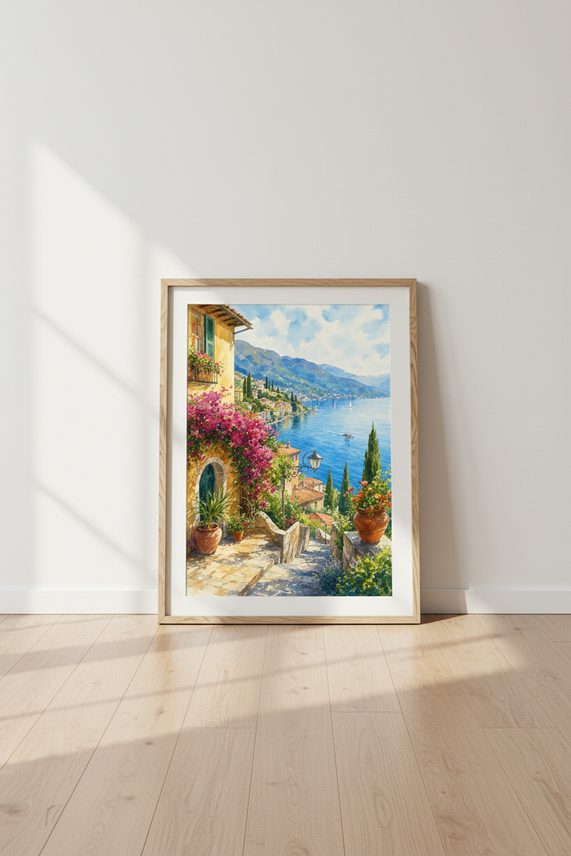 Lake Como Watercolor Print | Mediterranean Coastal Wall Art | Italian Landscape Poster