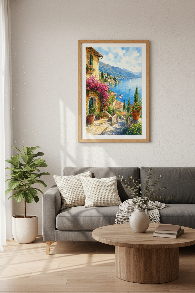 Lake Como Watercolor Print | Mediterranean Coastal Wall Art | Italian Landscape Poster