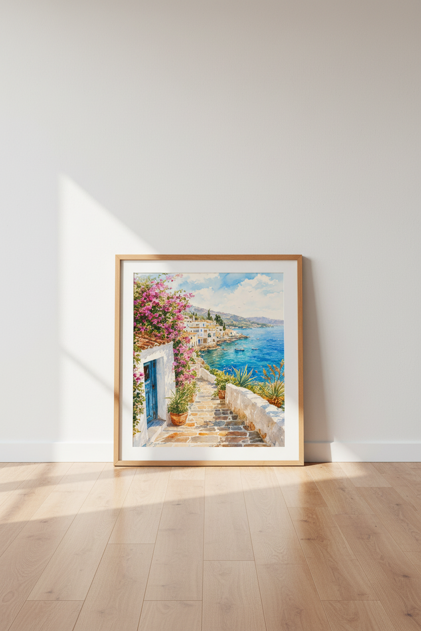 Greek Island Watercolor | Coastal Village Blue Ocean, Mediterranean Decor