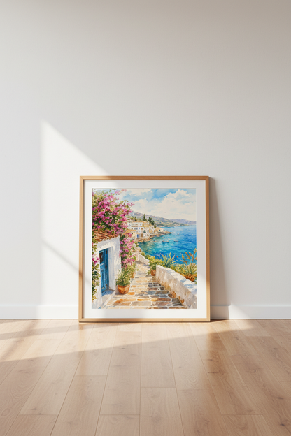 Greek Island Watercolor | Coastal Village Blue Ocean, Mediterranean Decor