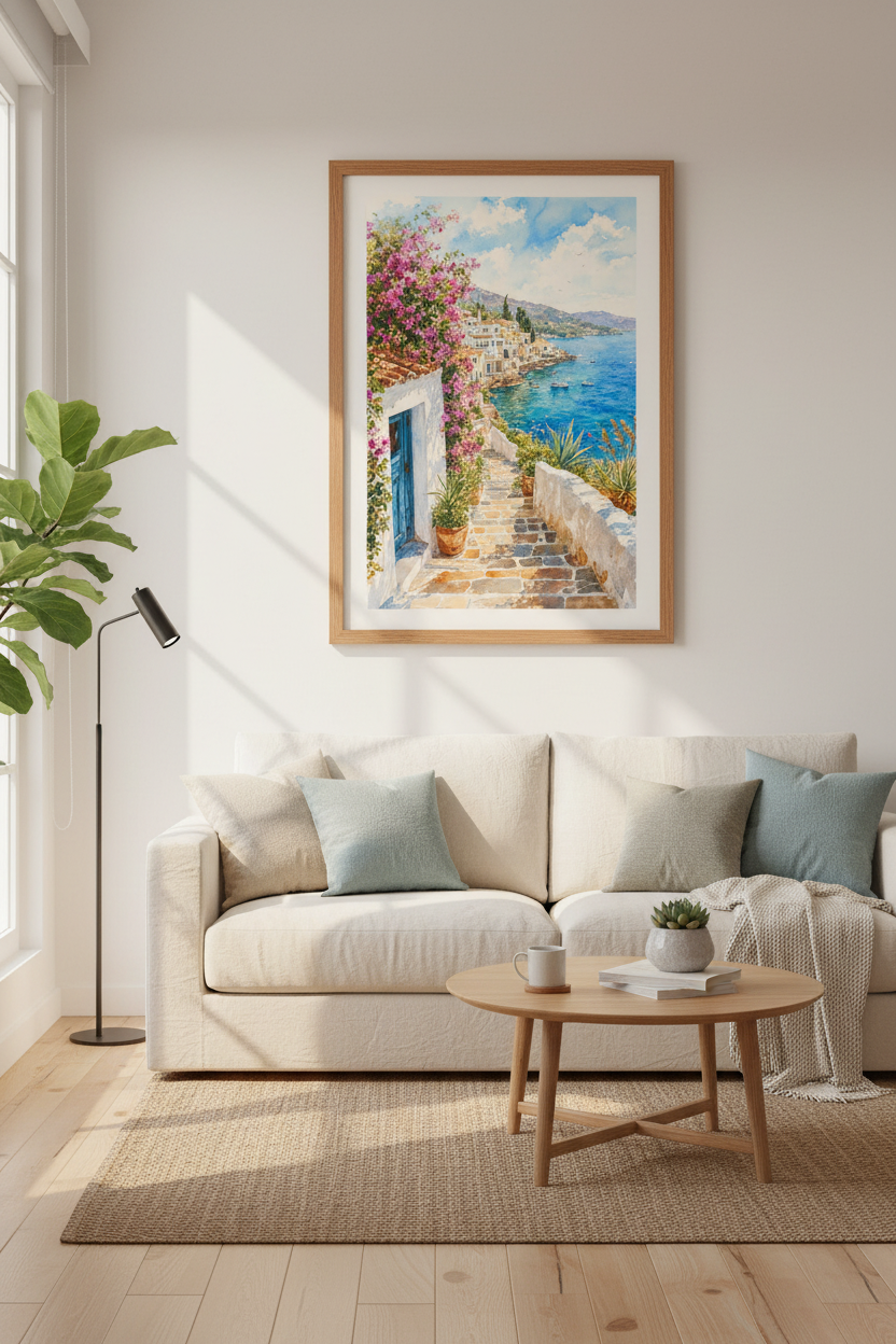 Greek Island Watercolor | Coastal Village Blue Ocean, Mediterranean Decor
