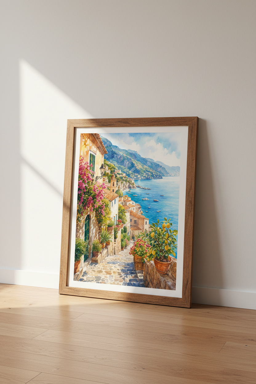 Amalfi Coast Watercolor | Italy Positano Landscape, Mediterranean Coastal Decor