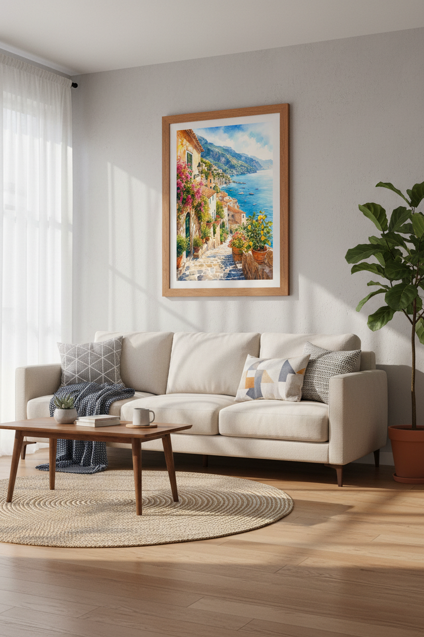 Amalfi Coast Watercolor | Italy Positano Landscape, Mediterranean Coastal Decor