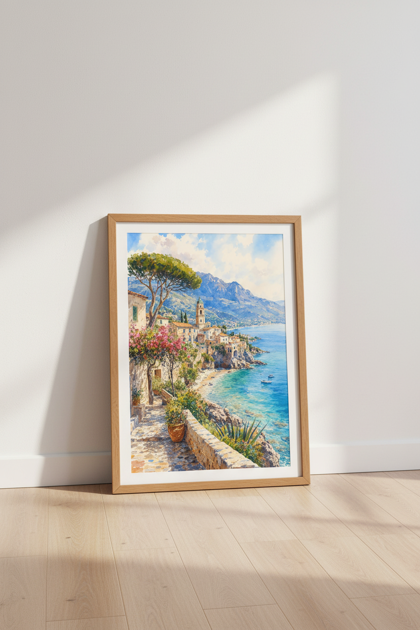 Amalfi Coast Italy Watercolor Art Print | Mediterranean Coastal Decor | Travel Poster