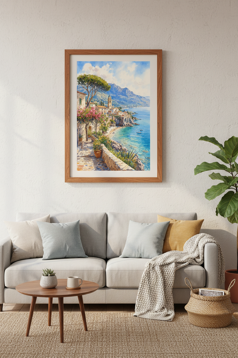 Amalfi Coast Italy Watercolor Art Print | Mediterranean Coastal Decor | Travel Poster