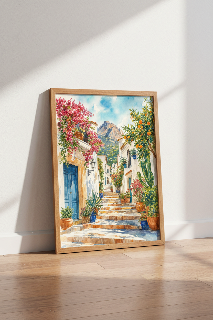Mediterranean Village Watercolor Wall Art | Spanish Coastal Poster, Travel Gift