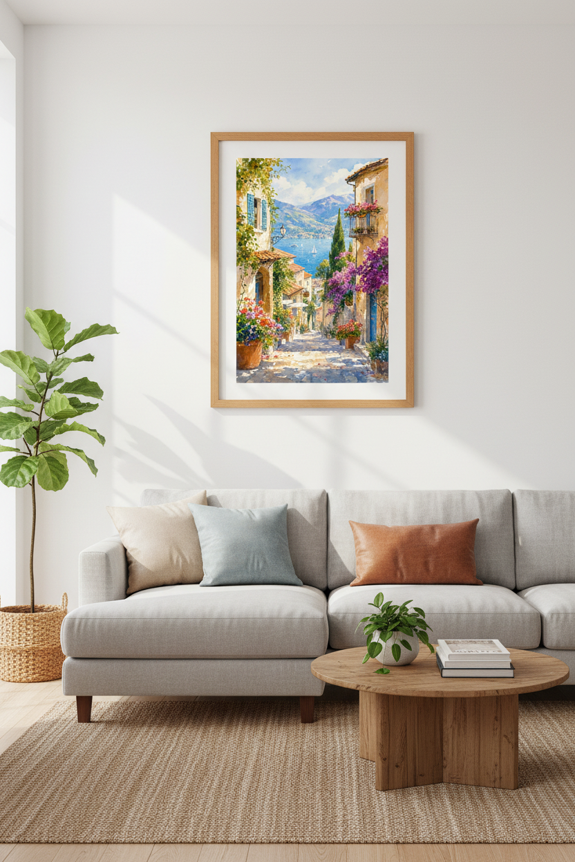 Lake Como Italy Watercolor Art | Mediterranean Coastal Decor | Italy Scenery Poster