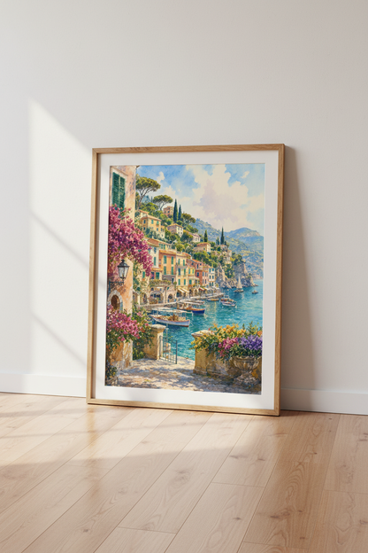 Italian Coastal Village Watercolor | Amalfi Coast Decor, Mediterranean Art Poster