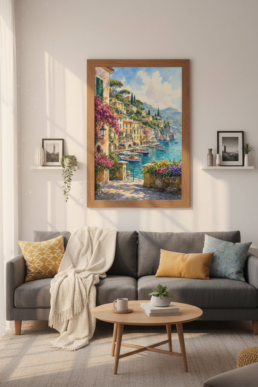 Italian Coastal Village Watercolor | Amalfi Coast Decor, Mediterranean Art Poster