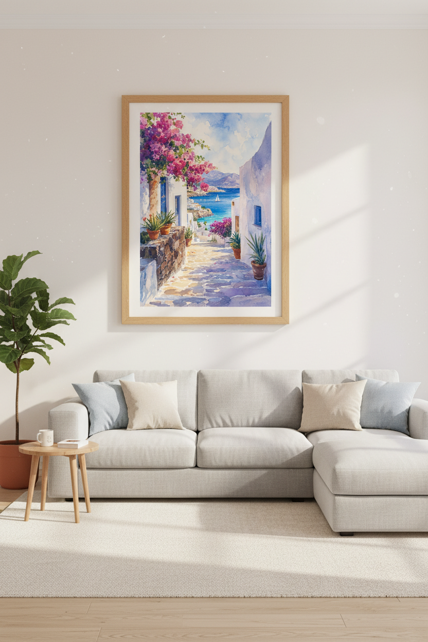 Santorini Greece Landscape | Watercolor Coastal Print, Mediterranean Wall Art