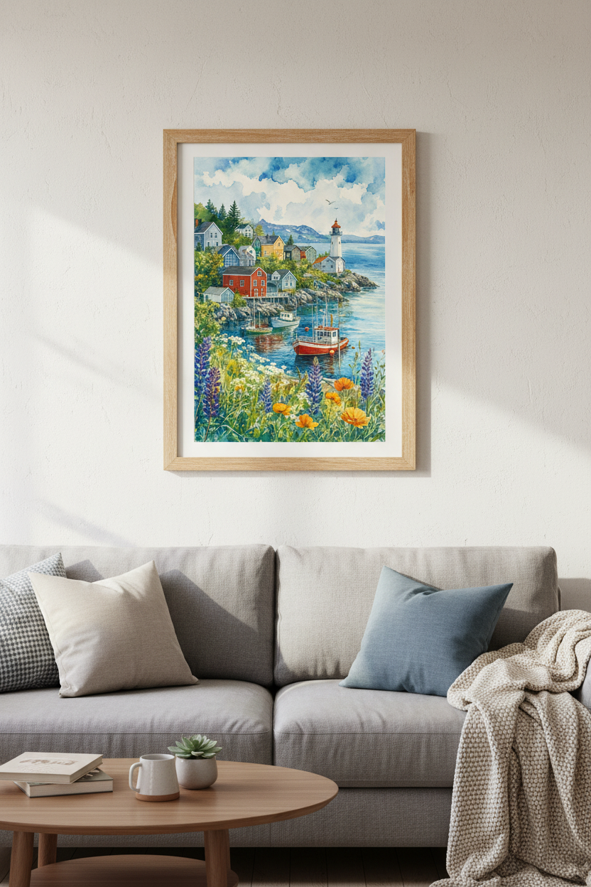 Coastal Village Watercolor | Lighthouse &amp; Boat Print, Beach House Decor