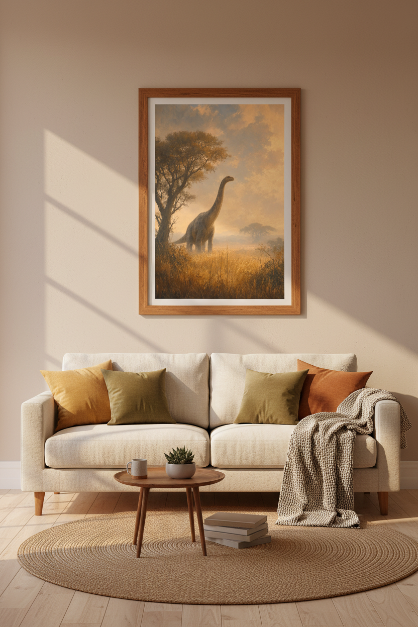 Brachiosaurus Dinosaur Oil Painting | Golden Earth Tones, Nursery Decor Art