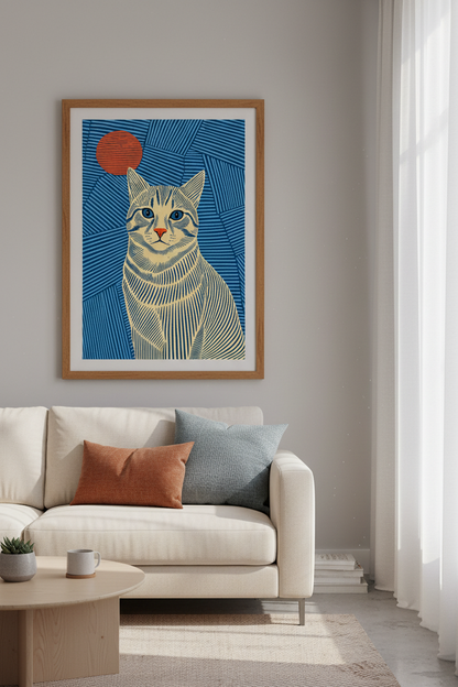 Cat Linocut Wall Art Print | Mid-Century Modern Blue &amp; Orange | Minimalist Decor