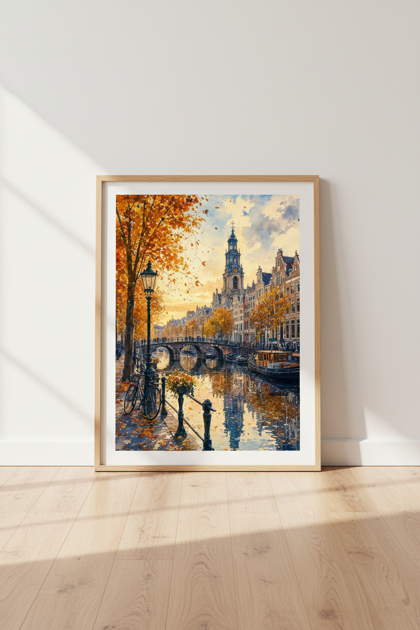 Amsterdam Autumn Canal Watercolor Print | Travel Home Decor | Dutch Cityscape Poster