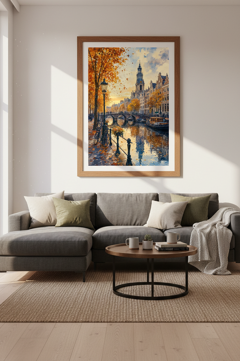 Amsterdam Autumn Canal Watercolor Print | Travel Home Decor | Dutch Cityscape Poster