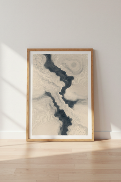 Abstract Topographic Art | Navy &amp; Beige Line Drawing, Modern Japandi Decor