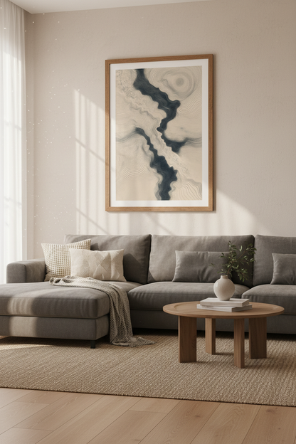 Abstract Topographic Art | Navy &amp; Beige Line Drawing, Modern Japandi Decor