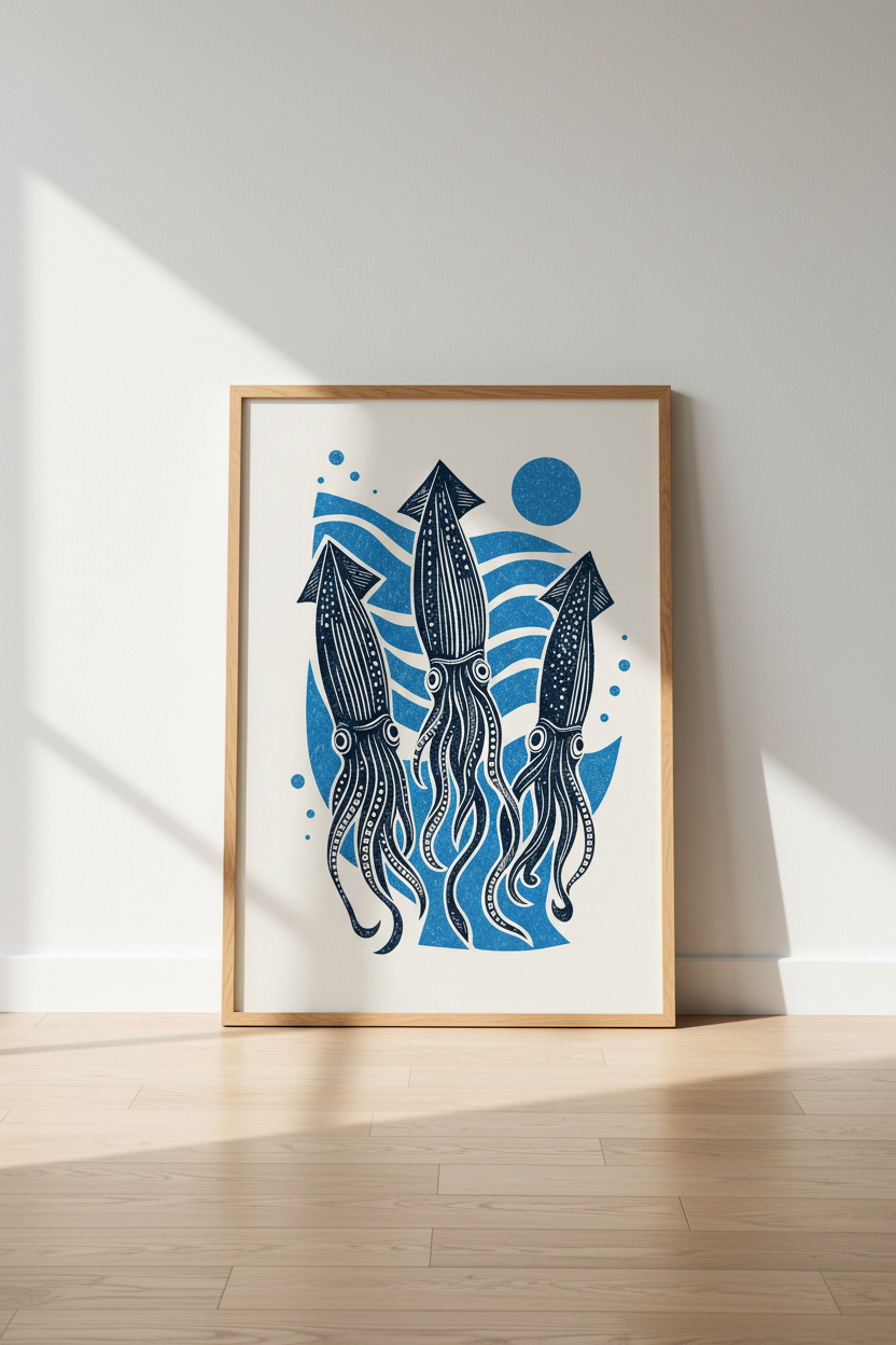 Squid Linocut Wall Art Print | Navy Blue Ocean Decor | Nautical Coastal Poster