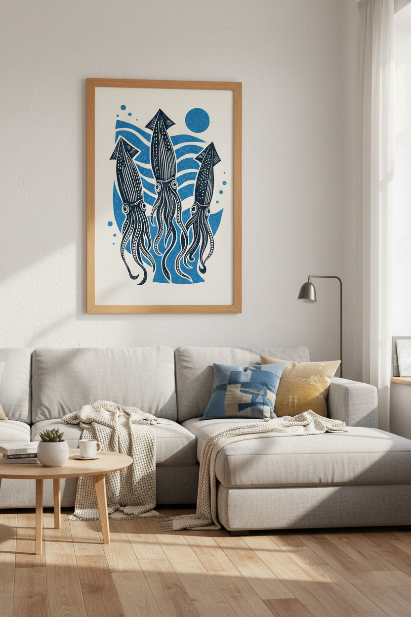Squid Linocut Wall Art Print | Navy Blue Ocean Decor | Nautical Coastal Poster