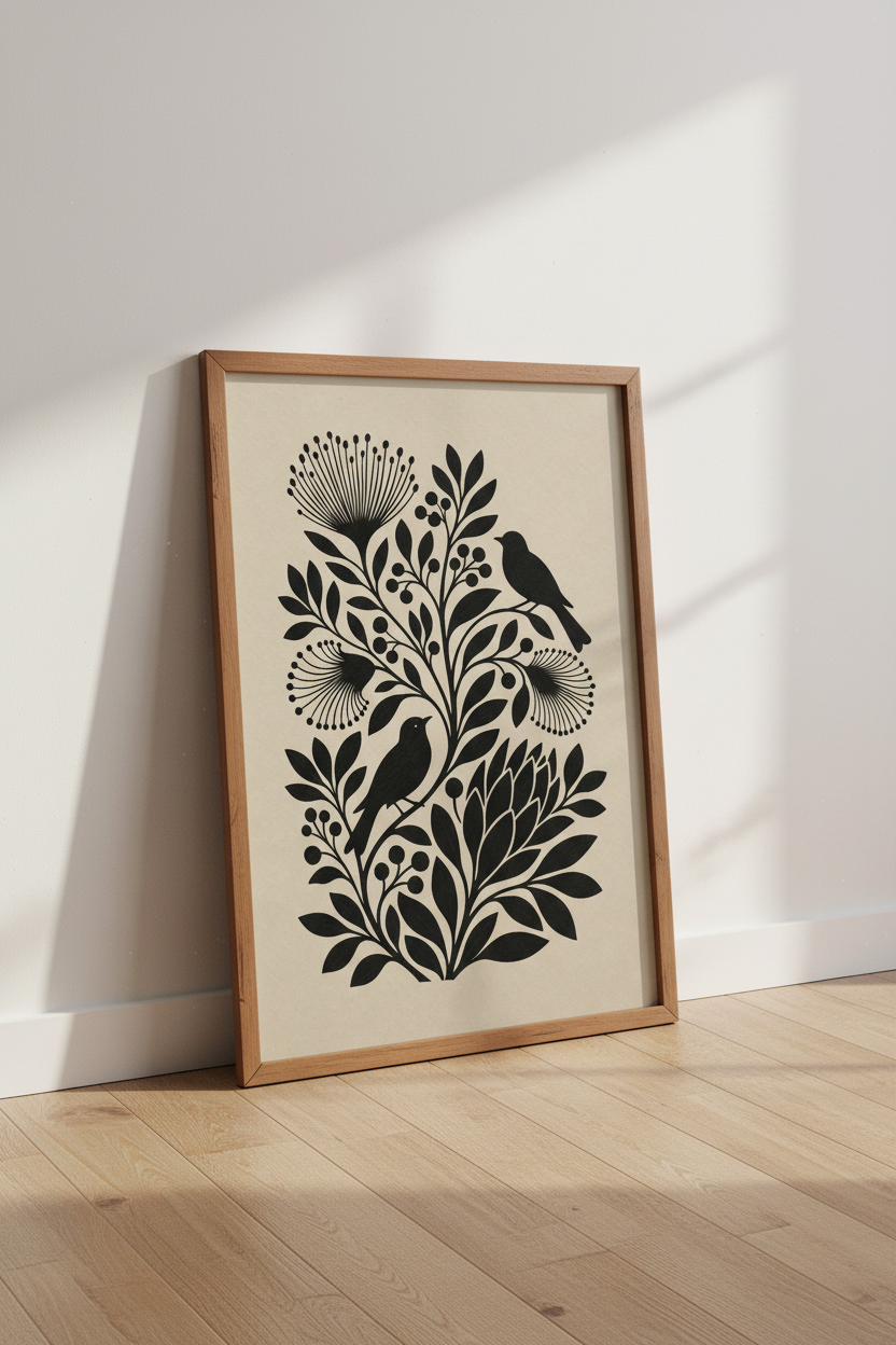 Folk Art Birds &amp; Botanical Wall Art | Black Minimalist Poster, Boho Living Room Art