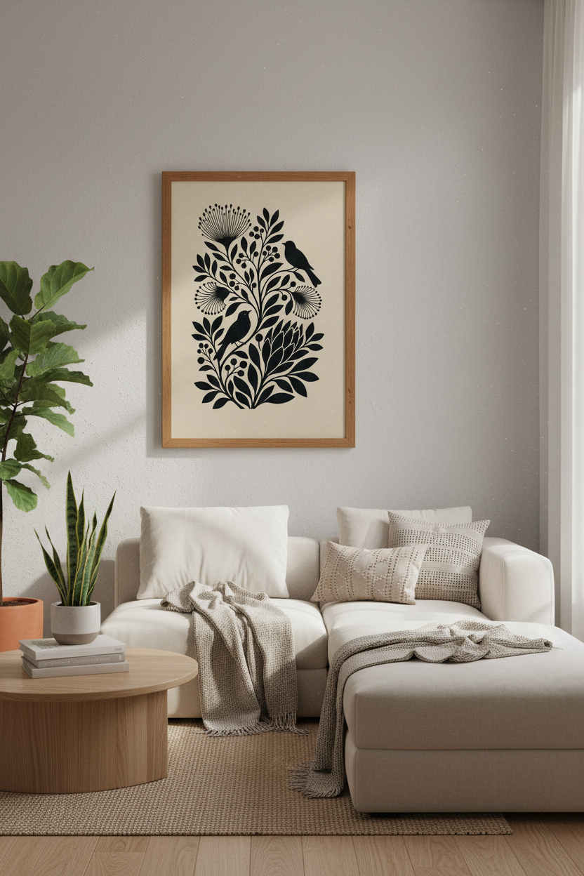 Folk Art Birds &amp; Botanical Wall Art | Black Minimalist Poster, Boho Living Room Art