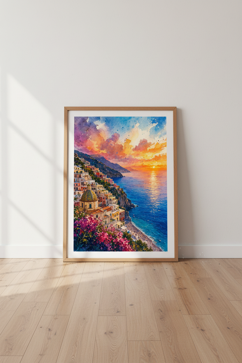 Positano Italy Watercolor | Amalfi Coast Sunset, Mediterranean Wall Art