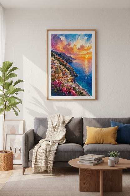 Positano Italy Watercolor | Amalfi Coast Sunset, Mediterranean Wall Art