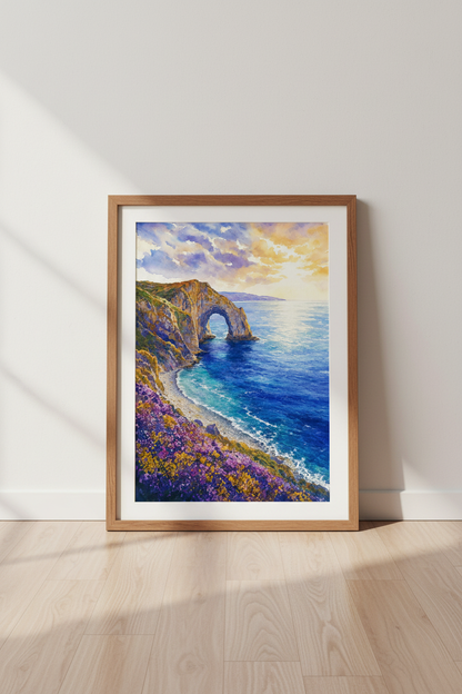 Coastal Landscape Watercolor Arch Wall Art | Blue Gold Beach Decor | Nature Poster Print