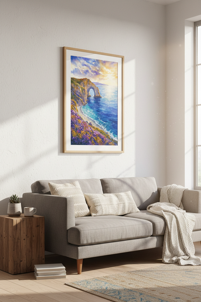 Coastal Landscape Watercolor Arch Wall Art | Blue Gold Beach Decor | Nature Poster Print