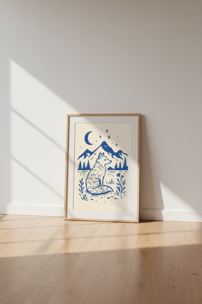 Blue Fox Mountain Wall Art Print | Woodland Nursery Decor | Linocut Poster