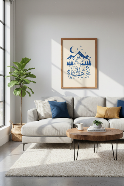 Blue Fox Mountain Wall Art Print | Woodland Nursery Decor | Linocut Poster