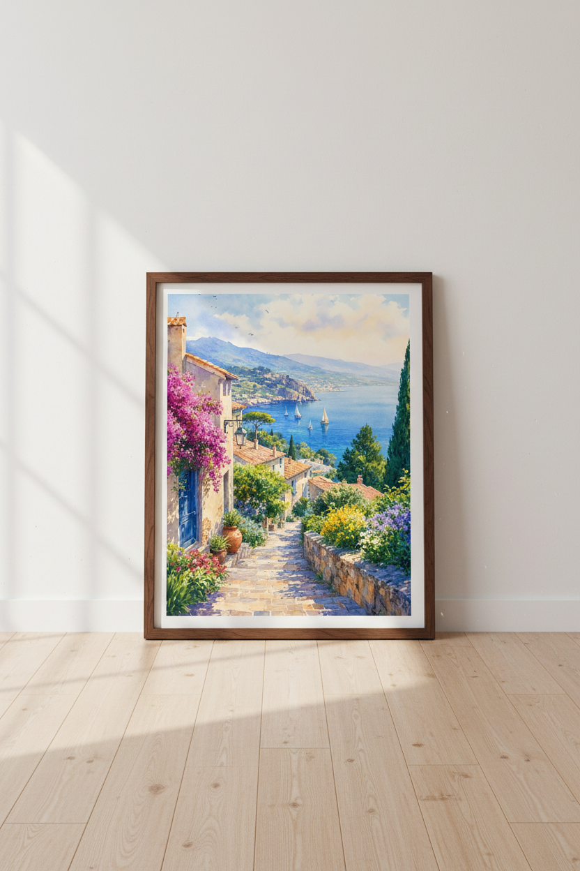 Mediterranean Coast Watercolor | Seaside Village Art, Coastal Home Decor Poster